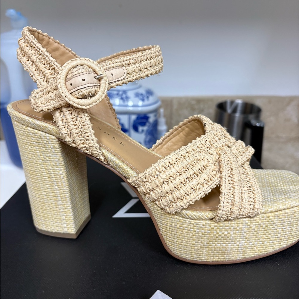 Marc Fisher Cream Woven Platform Sandals with Block Heel